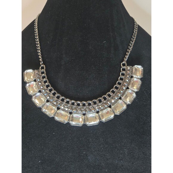 Silver Tone Statement Necklace Large Bib w Clear Rhinestones Adjustable Length - Picture 2 of 4